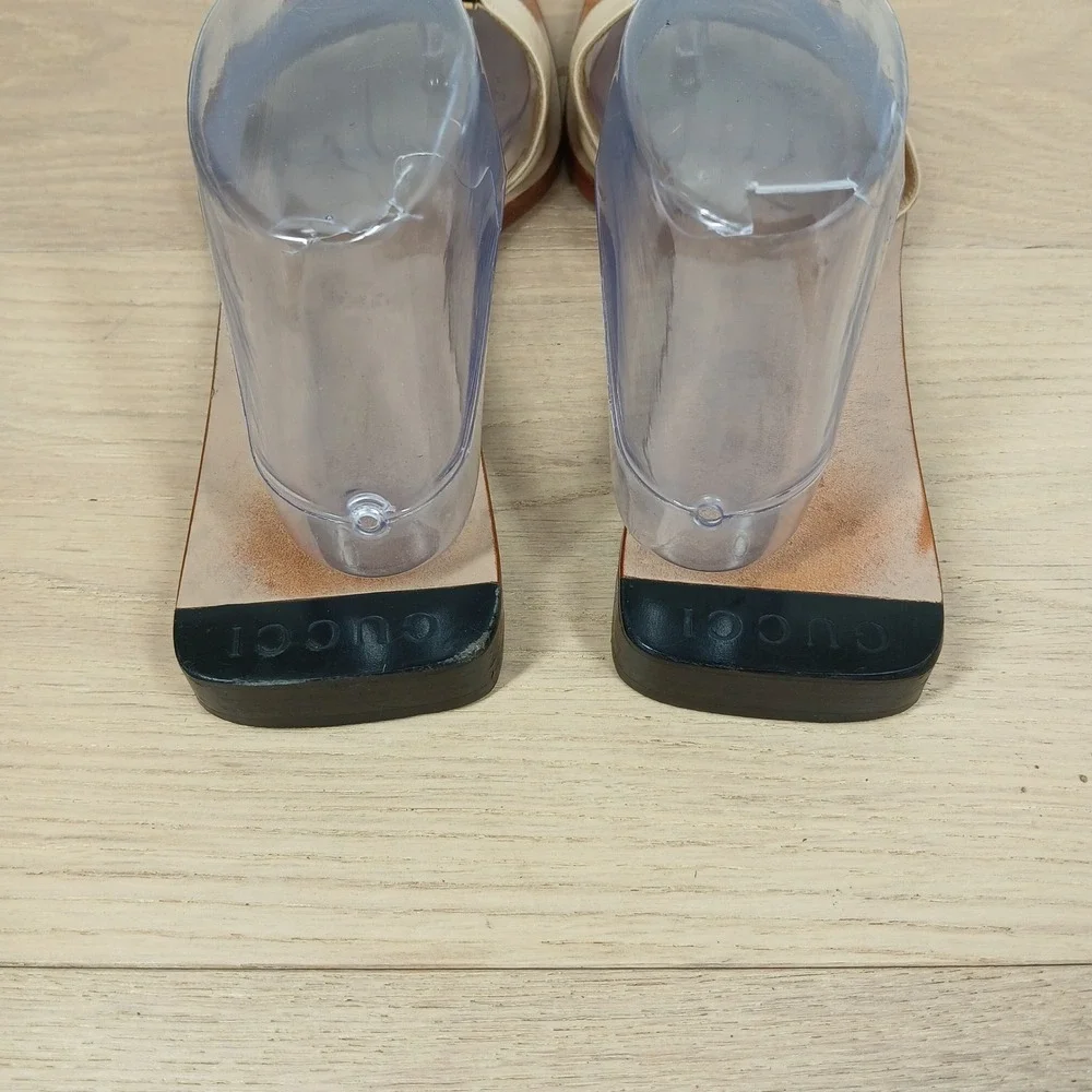 Gucci Sandals Womens 8 Ivory Leather Slide Wooden Flat Horsebit Italy - Picture 5 of 10